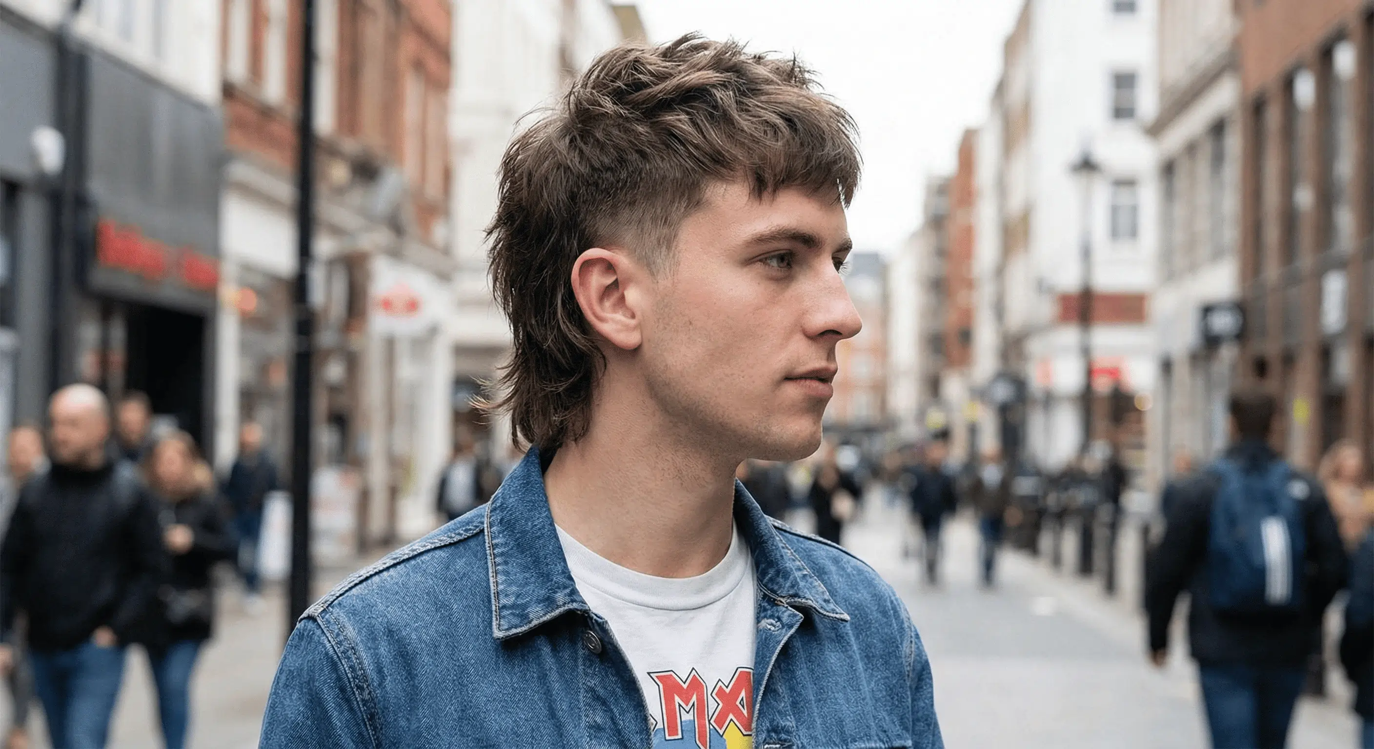 Portrait of a man with a modern mullet hairstyle and sunglasses